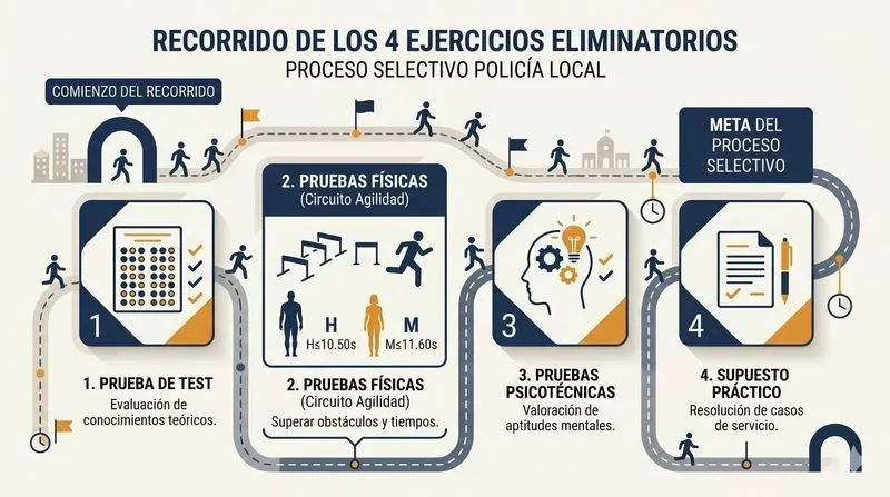 Infografía de los cuatro ejercicios de la oposición a Policía Local de Murcia 2026: test, pruebas físicas, psicotécnicos y supuestos prácticos como etapas sucesivas.