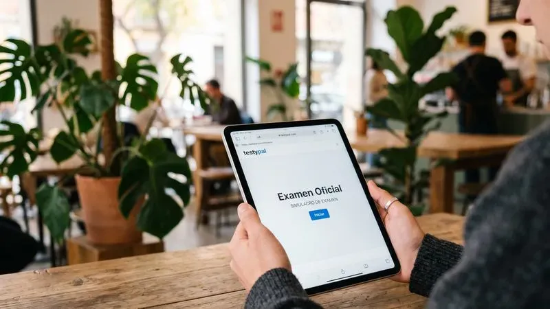 Persona sosteniendo una tablet en una cafetería mientras utiliza TestyPal para realizar exámenes de años anteriores en formato digital.