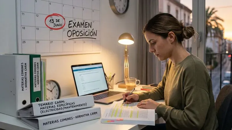 Una mujer joven estudia intensamente en su escritorio para la oposición de Técnicos Auxiliares Mantenimiento CARM. En el escritorio se ven materiales de estudio etiquetados de la CARM, un portátil con un test de TestyPal y un gran calendario de pared con la fecha del '13 DE JUNIO' circulada en rojo para el examen.