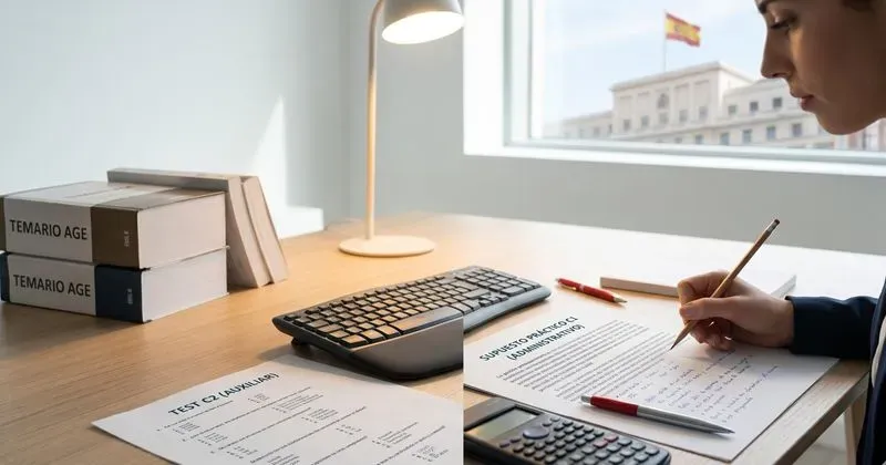 Opositora estudiando y comparando un supuesto práctico del temario de Administrativo C1 con un test de Auxiliar Administrativo C2 para las oposiciones de la AGE 2026.