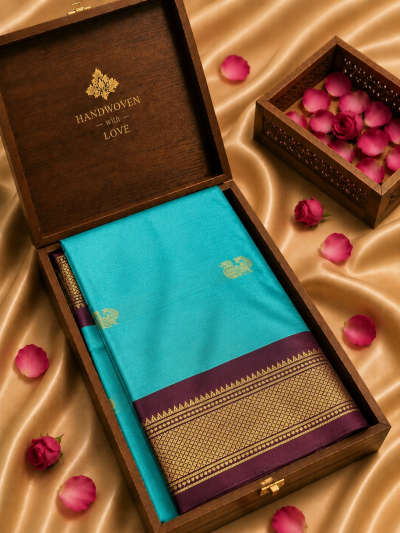 aqua blue minakari silk saree