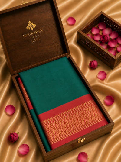emerald green minakari silk saree