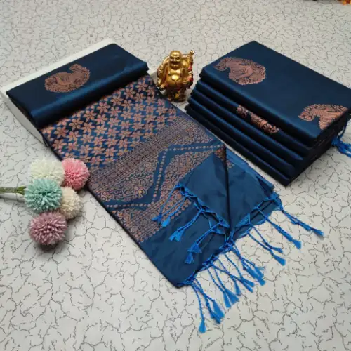 peacock blue soft silk saree