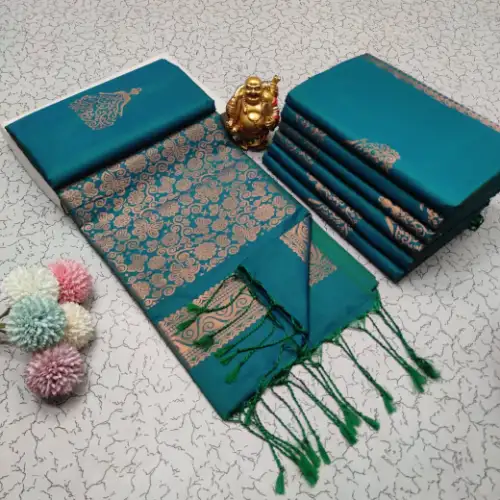 peacock blue soft silk saree