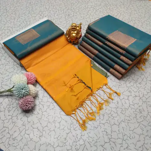 teal blue soft silk saree