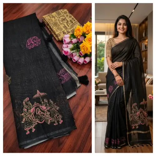 black linen cotton saree