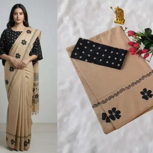 soft beige linen cotton saree