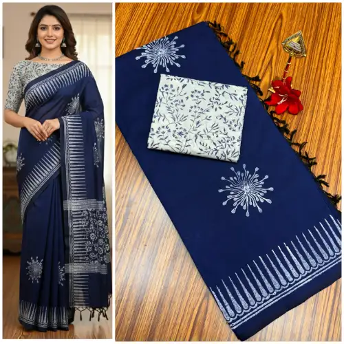 navy blue linen cotton saree