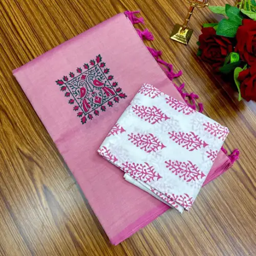 soft pink linen cotton saree