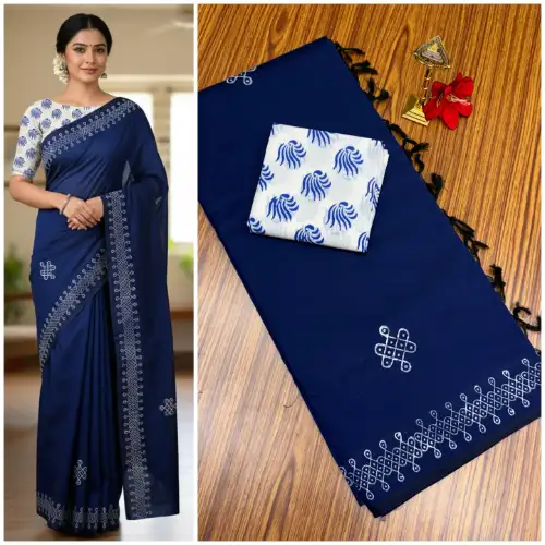 royal blue linen cotton saree