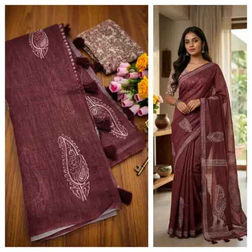 brown linen cotton saree