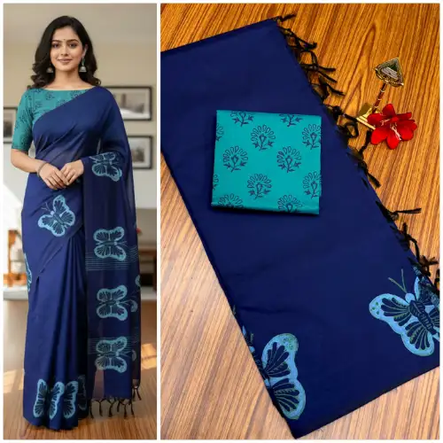 royal blue linen cotton saree