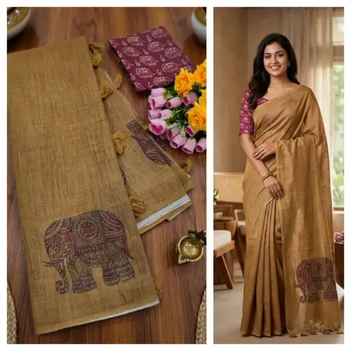 dark beige linen cotton saree