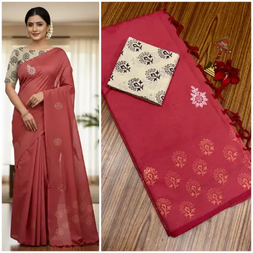 coral pink linen cotton saree
