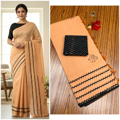 dark sandal linen cotton saree