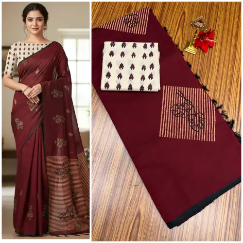 maroon linen cotton saree