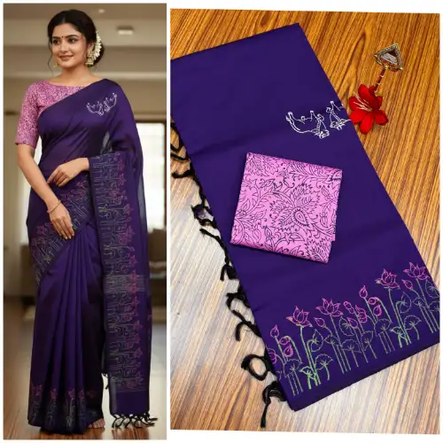 violet linen cotton saree