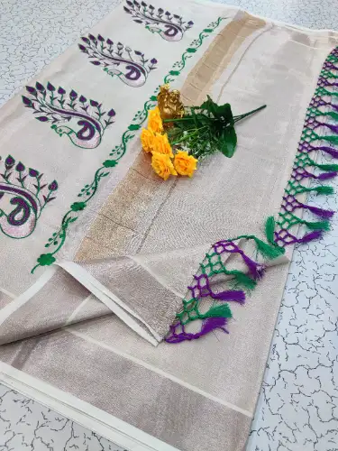 ivory base kerala cotton saree