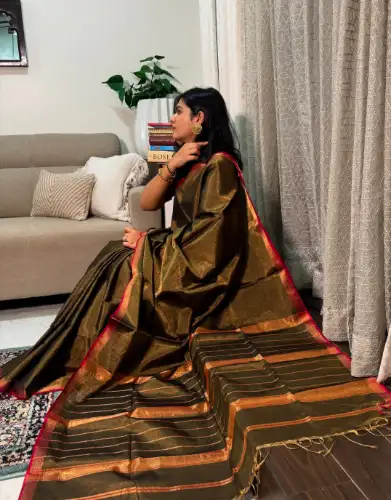 deep olive greenish Mul cotton tissue saree