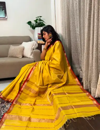 yellow mul cotton tissue saree