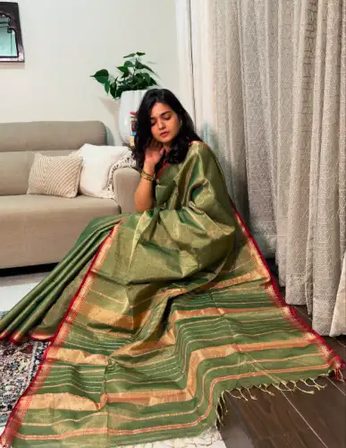 dark green mul cotton tissue saree