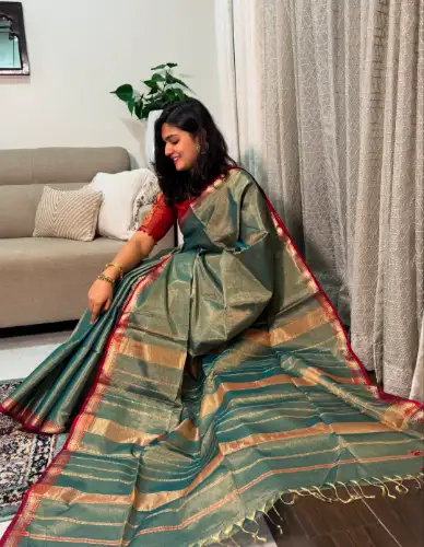 greenish mul cotton tissue saree