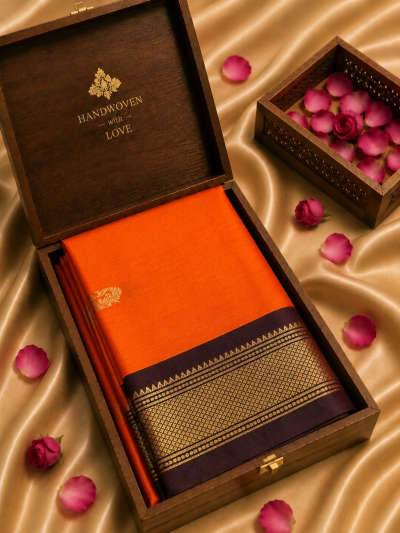 rust orange minakari silk saree