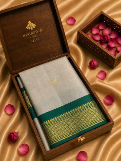 silver grey minakari silk saree