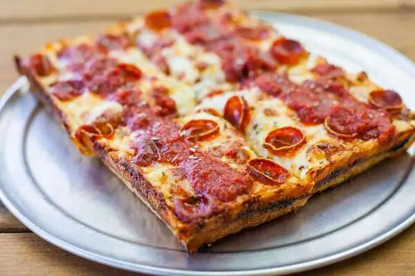 Via 313 Detroit-style pizza with crispy edges and toppings