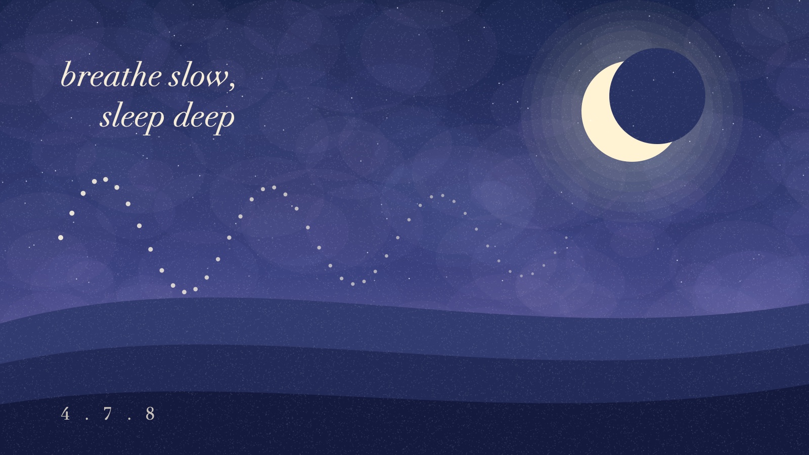 A soft watercolor night scene in deep indigo and lavender: a crescent moon over rolling hills, with a trail of small stars rising and falling like slow breaths.