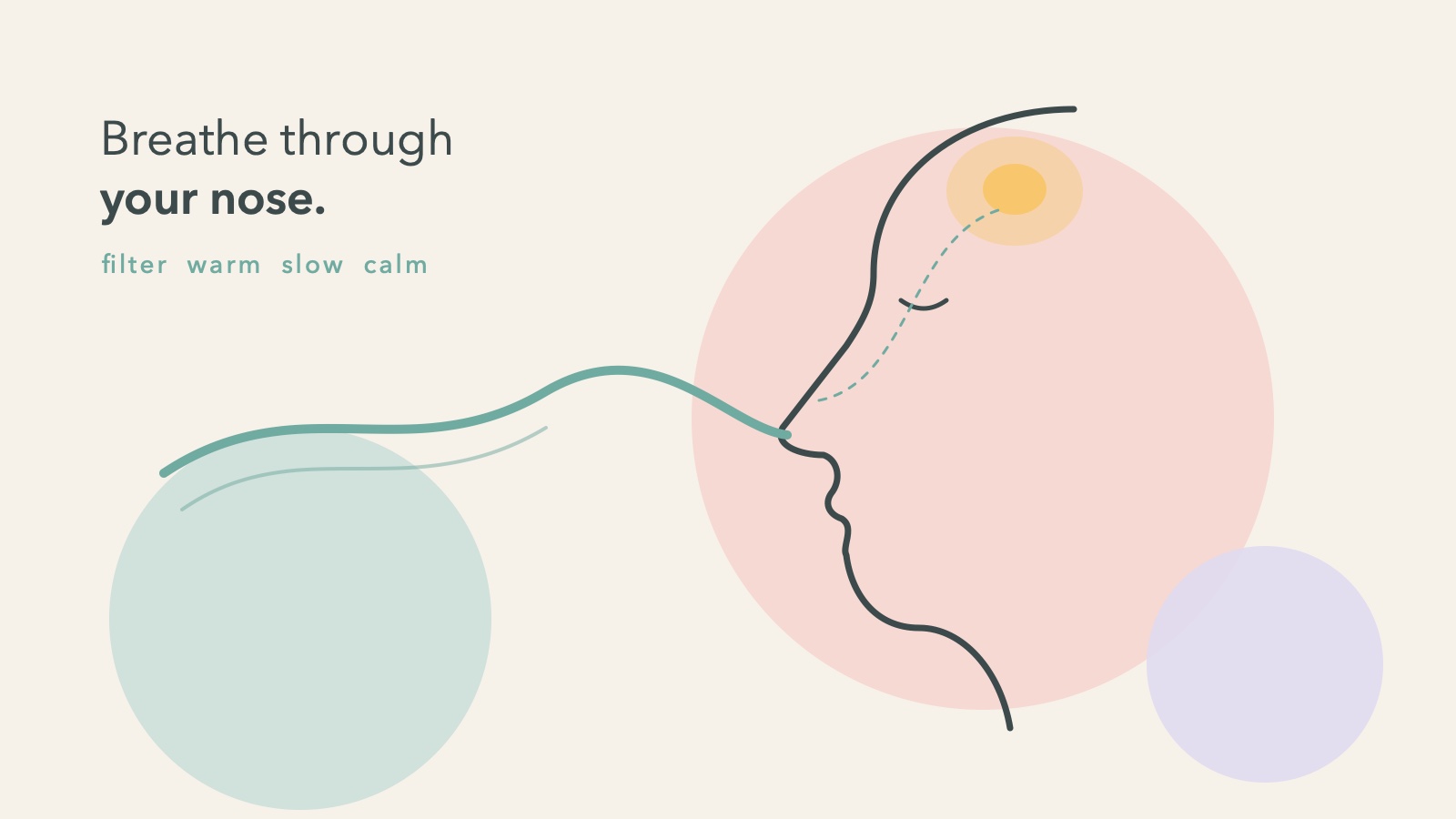 A soft Scandinavian pastel illustration: a single-line profile of a calm face with a flowing ribbon of air entering the nose and curling up toward a small glowing brain.