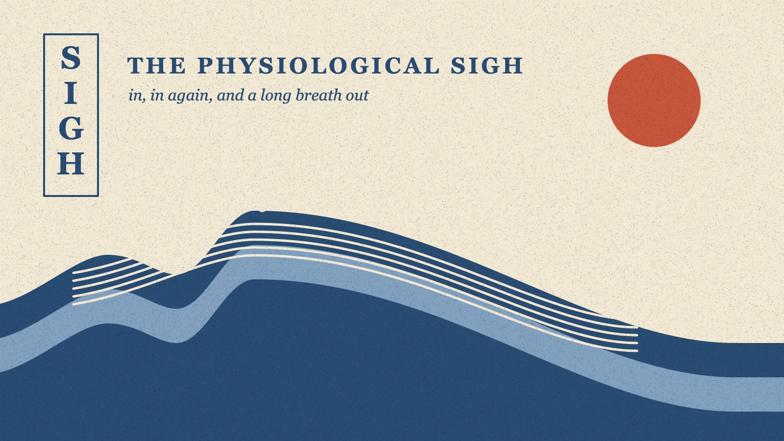 A Japanese woodblock-style print in indigo and cream: a wave rises in two small swells, then rolls out into a long, gentle curl, like a double inhale and a long sigh.