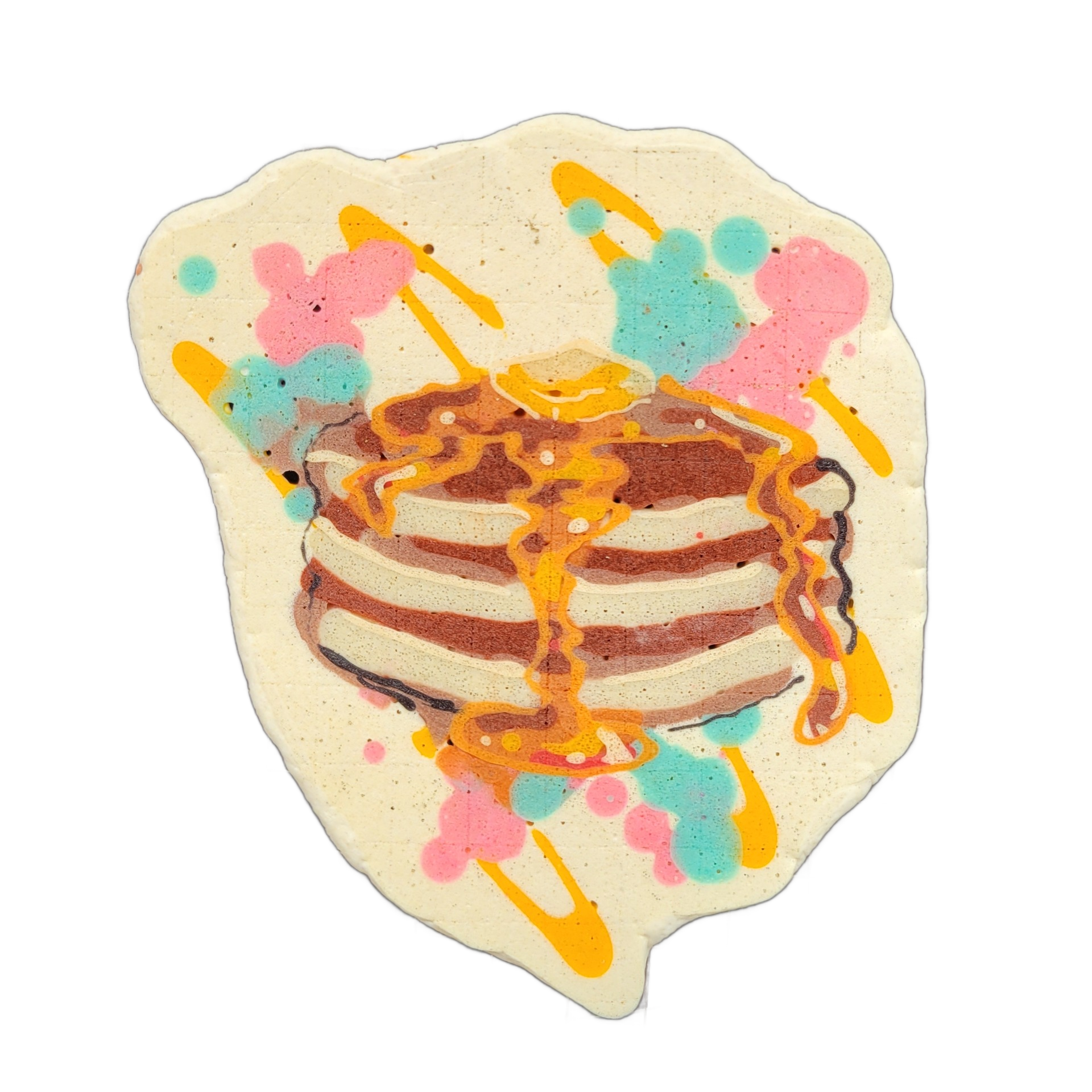 A stack of three pancakes with a pat of butter on top and syrup dripping down the sides, surrounded by splashes of pink, teal, and orange batter on a cream-colored background shaped like a rough oval. Rendered in pancake art with bold brown outlines and layered batter fills, using a cream-to-brown…