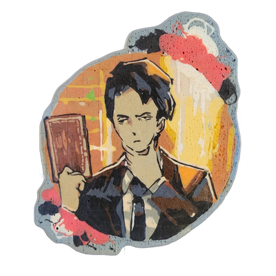 Pancake art of a figure named Roland, depicted from roughly the waist up, holding a small rectangular book or journal raised in one hand while facing forward with a neutral expression; the figure has dark, slightly disheveled hair and wears what appears to be a dark jacket over a collared shirt. Re…