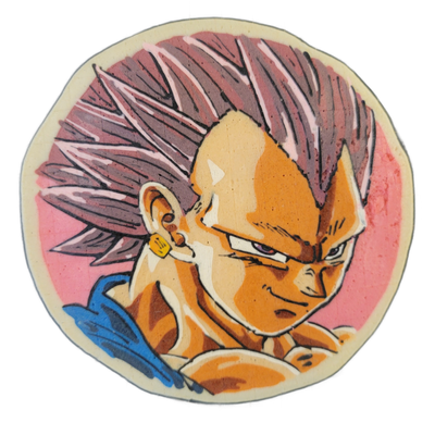 Pancake art portrait of Vegeta, a fictional character from the Dragon Ball franchise, shown from the chest up at a three-quarter angle, with large spiky reddish-purple hair swept upward and back, a small yellow earring, narrow eyes with reddish irises, and a slight smirk, set against a pink circula…