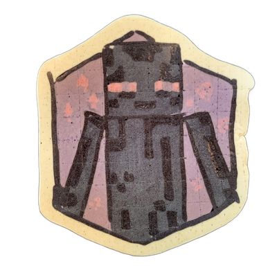 Pancake art of an Enderman, a tall dark blocky humanoid figure from Minecraft, shown from the front with its long arms extended outward and glowing pink rectangular eyes visible on its square head, set against a purple-tinted background with pink pixel-like speckles, all contained within an irregul…