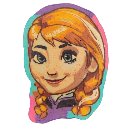 A cartoon-style face with auburn hair styled in two braided pigtails, teal-blue eyes, freckles across the nose and cheeks, and a slight smile, wearing what appears to be a dark jacket with a purple collar; the guest-provided name is Anna. The pancake art uses bold dark outlines, warm orange and bro…