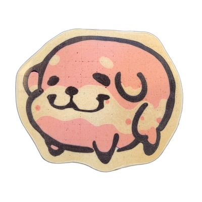 Pancake art depicting Poffridge, a JoP original character rendered as a round, Shiba Inu-shaped poffertje, shown in a curled or crouching pose with small paws visible at the bottom and a compact, oversized head filling most of the composition. Bold dark outlines define the figure against a cream-co…