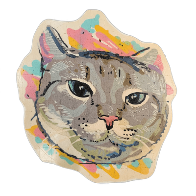 Pancake art portrait of a gray tabby cat face named Kit, centered and facing slightly left, with blue-tinted eyes, a pink nose, and fine whisker-dot markings on the muzzle. The portrait is rendered with bold black outlines and fine detail lines in the fur, set against a cream-colored background wit…