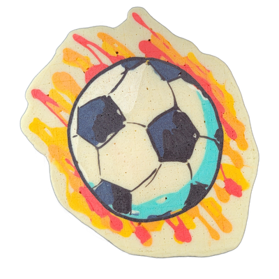 A soccer ball rendered in black, dark navy, and white, centered within a bold circular border, surrounded by radiating splatter-style streaks in red, orange, and yellow with teal accents visible along the lower portion of the inner ring.