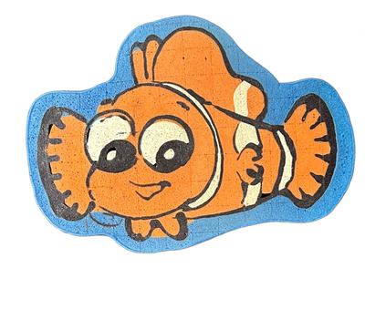 A cartoon clownfish facing forward, rendered in orange with white vertical stripes edged in black, set against a blue background shaped loosely around the fish's body outline. Wella used bold black outlines throughout, with orange and white batter fills creating the body, fins, and facial features…