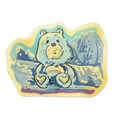 A light blue cartoon bear sits facing forward with both paws resting on its lap, each paw marked with a heart outline; the bear has a round muzzle, small round ears, and a neutral facial expression. Bold black outlines define the figure against a layered background of teal, blue, and indigo wash sh…