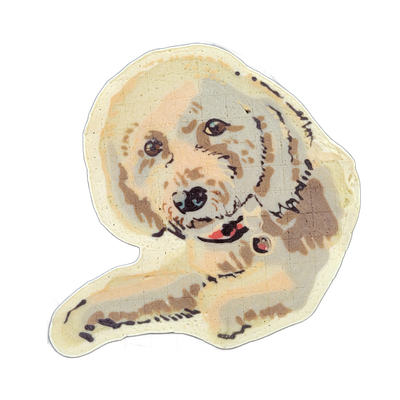 Pancake art of a light-colored, fluffy dog named Lucky, shown from roughly the chest up with its head slightly tilted and tongue visible, wearing a collar with a small circular tag rendered in red and black batter. The piece uses fine dark brown and black batter lines for facial features and outlin…