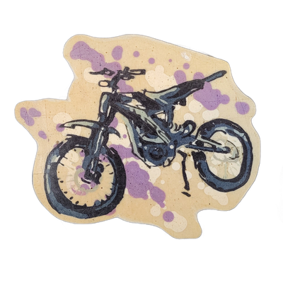 A dirt bike, identified in context as the E ride pro SS 3.0, shown in a three-quarter front-left view with both wheels visible, rendered in pancake art against a tan background with scattered violet and white circular splatter marks surrounding the bike.