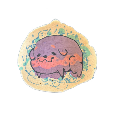 Poffridge, a JoP original character depicted as a round, compact Shiba Inu-shaped poffertje, sits centered on a light golden pancake base, rendered with bold black outlines and filled with layered violet, indigo, and coral-pink batter, with small stubby legs, a blunt muzzle, closed eyes, and a dot…