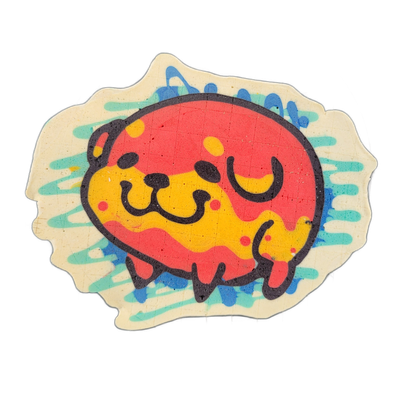 Pancake art depicting Poffridge, a Shiba Inu-shaped sentient poffertje character, shown as a round, compact face with small dot eyes, a broad muzzle with two red cheek dots, and short stubby legs visible at the bottom, set inside a bold oval frame against a cream-colored irregular background with t…