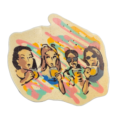 Pancake art depicting four figures shown from roughly the shoulders up, arranged side by side, each holding a cup or glass near their mouths as if drinking; two of the figures wear sunglasses, and the figures have varying hair lengths and styles. Rendered with bold dark outlines and warm tan fill t…