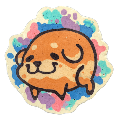 Pancake art depicting Poffridge, a Shiba Inu-shaped sentient poffertje character, shown as a round cartoon dog face and upper body with small raised paws, a broad muzzle, dot nose, and closed curved eyes, surrounded by color-splash shapes in blue, teal, violet, and pink on a cream background. Bold…