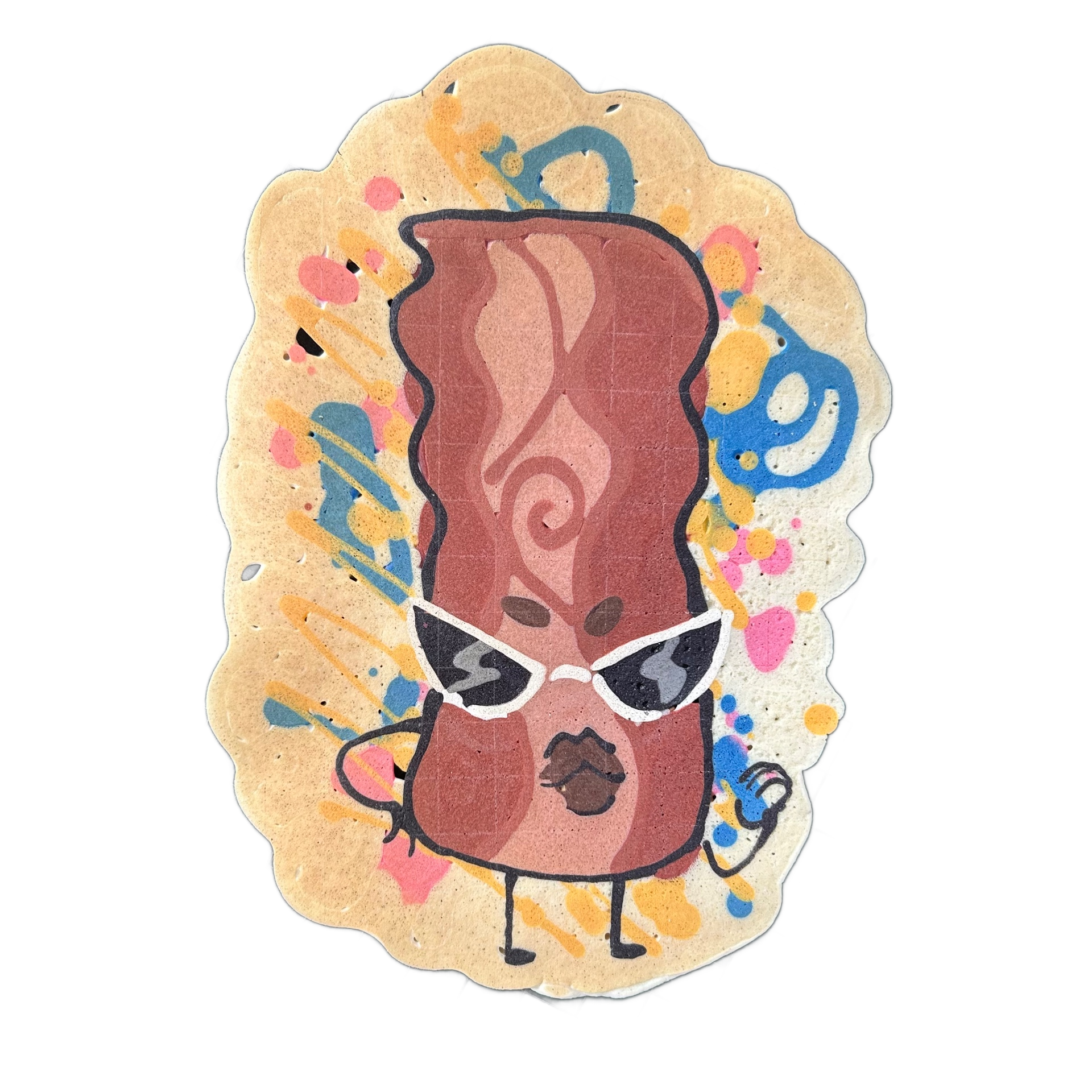 Pancake art depicting Sugar, a JoP original character rendered as an anthropomorphic bacon strip with a tall, wavy body, wearing white cat-eye sunglasses, with small arms, legs, and an open mouth; the figure is shown in shades of brown and reddish-brown against a scallop-edged oval background scatt…