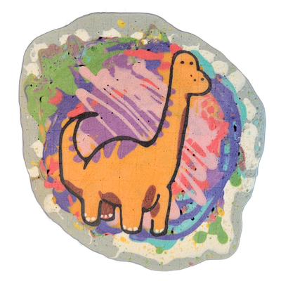 A cartoon-style long-necked dinosaur, facing right with a rounded body, four stubby legs, and a small tail, rendered in orange with brown patches near the legs and white toenails, outlined in bold black lines against a swirled multicolor background of purple, pink, red, green, teal, and yellow, all…